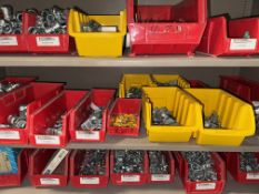 2 Metal Shelves with Fittings, Connectors, Housings Relays, Clamps, Elbows, Etc.