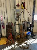 Central Pnuematic AIr Hose Reel, Ext. Cords, Gas tank, Pipe Stands, chains & misc.