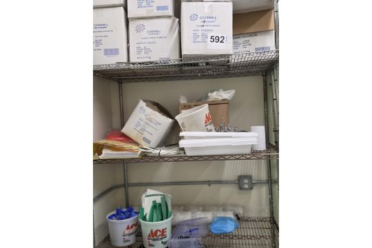 ULINE MESK RACK W/CONTENTS, FAN AND DRYING RACKS