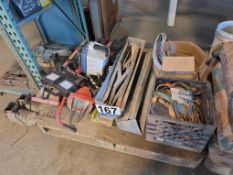 Mixed Pallet Lot: Work Lights, Saw Horses, Shop Supplies