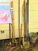 Lot Hand Tools - Shovels, Picks, Rakes, Post-hole Digger, Sledgehammer, Etc.