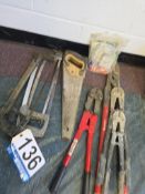 Assorted Hand Tools Lot - Bolt Cutters, Saws, Crimper, Small Parts
