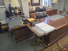 Office Lot: 2 Desks, Chair, Wood File, Credenza, Lamp, Brother Printer, Desk Accessories
