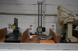 MITUTOYO 12" DIAL HEIGHT GAGE WITH ACCESSORIES AND MITUTOYO DIAL INDICATOR WITH CASE