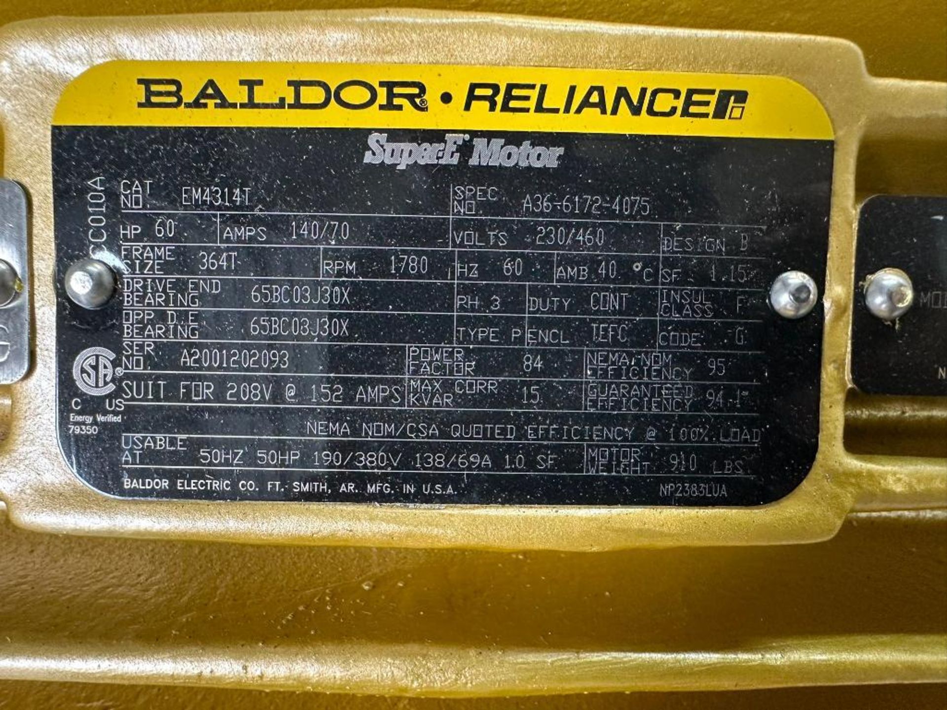 (JBP) (New) Baldor-Reliance 60 HP Super-E Motor, 364T Frame, 230/460 V ...