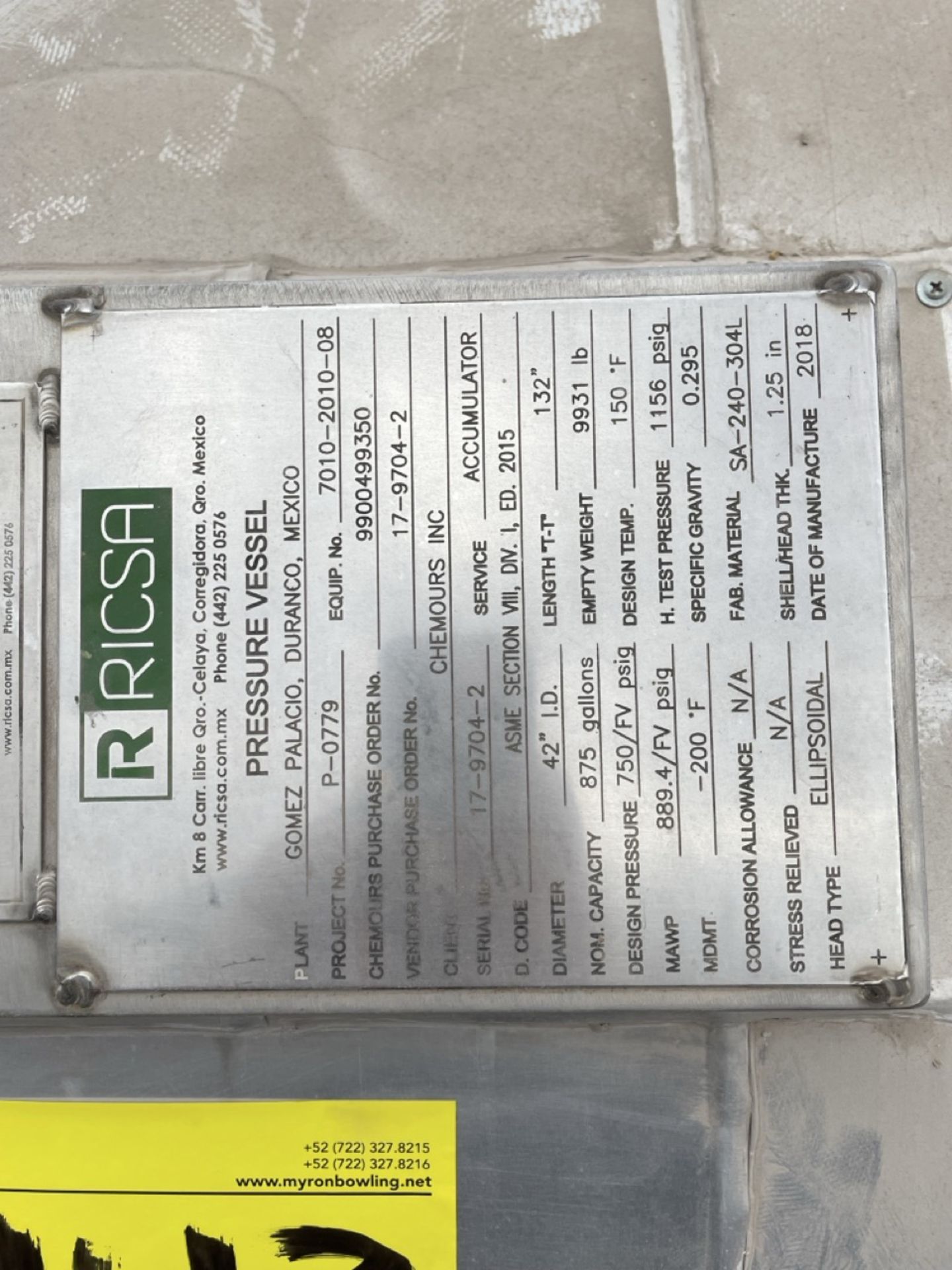 (INDIVIDUAL)(NEW) Nitrogen Gas Storage Tank, RICSA Brand, Maximum ...