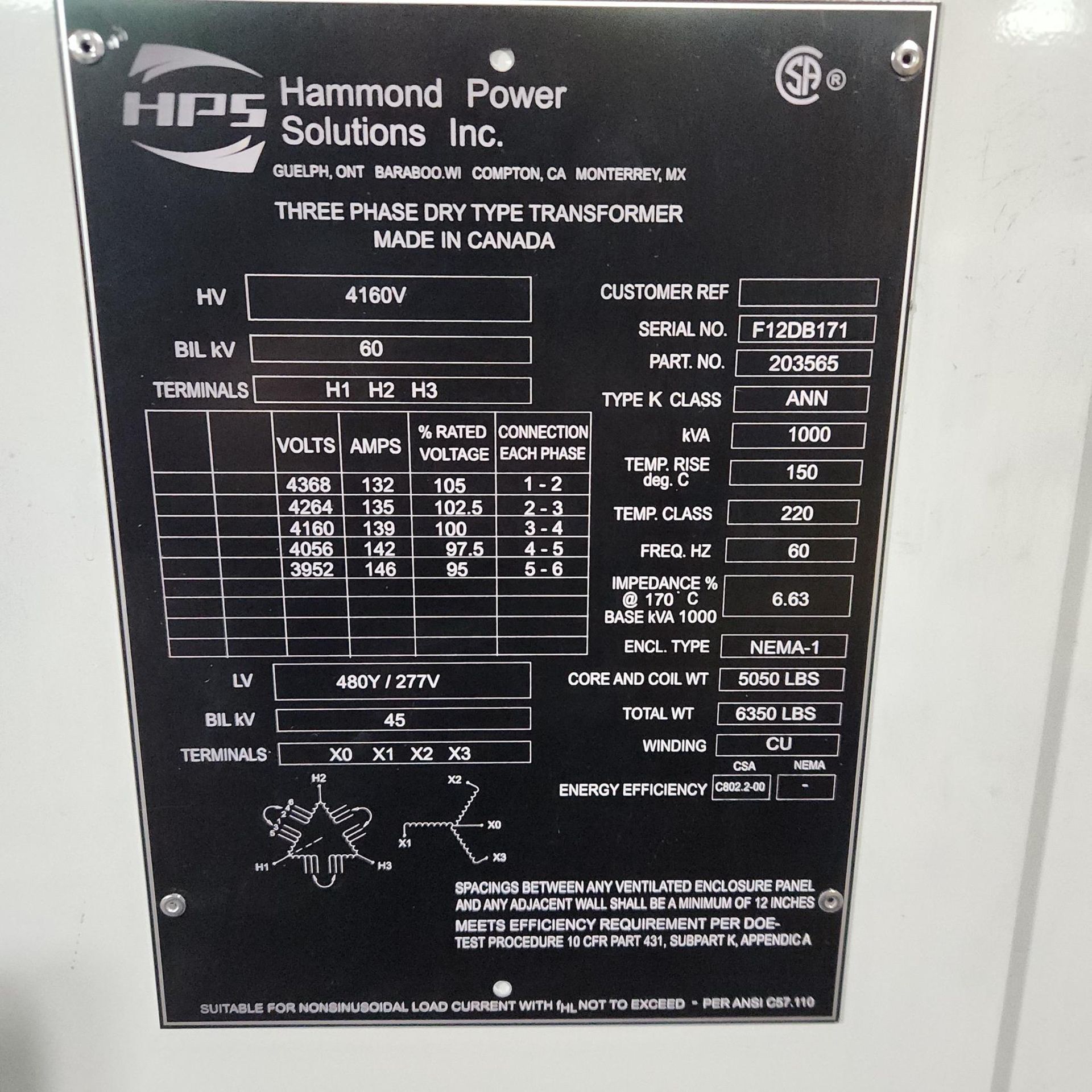 Hammond 4160V Transformer; 1000KVA; 480Y/277V Secondary | Required ...