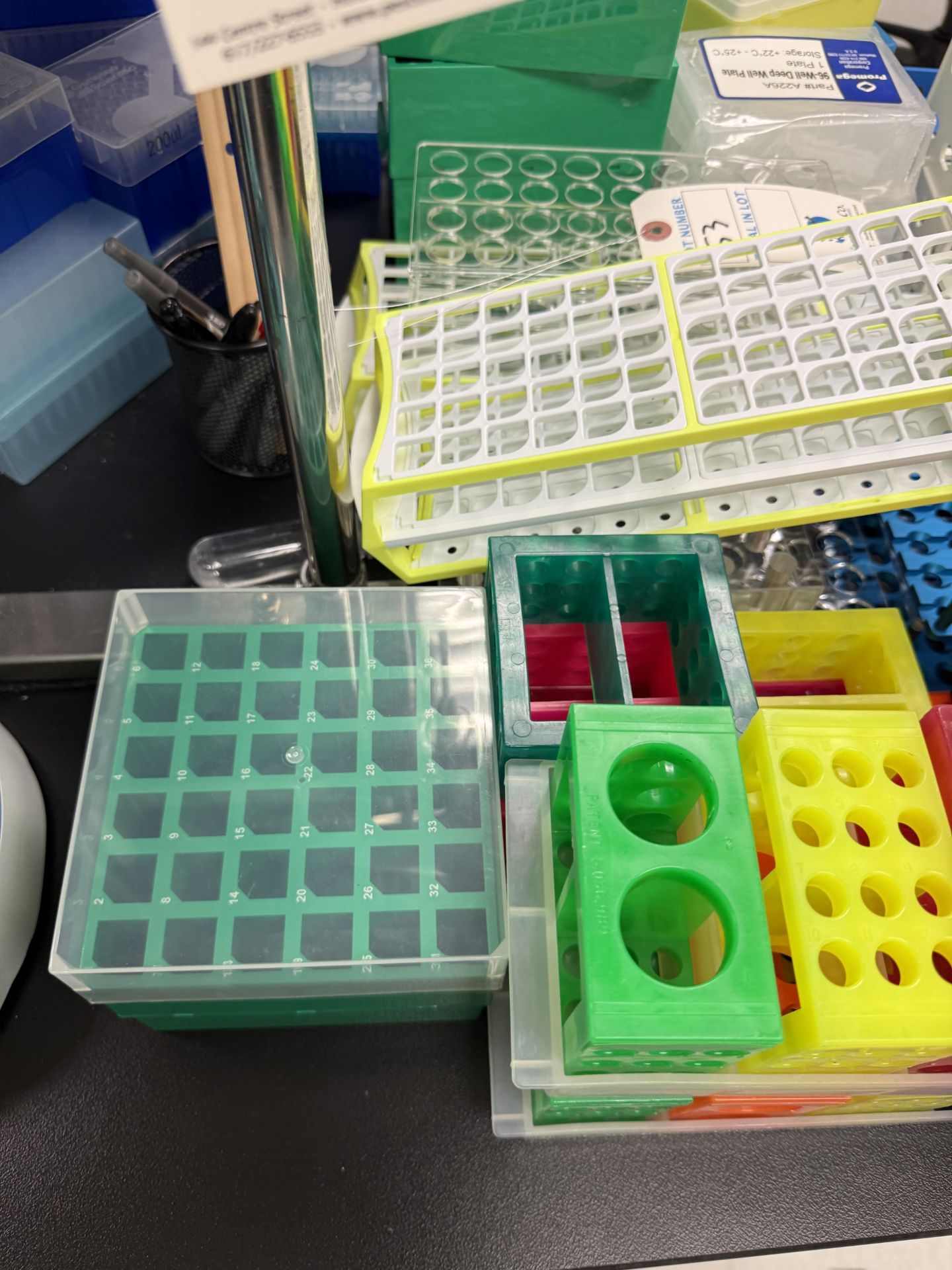 Two Beaker Rack (Lot) Glass Beakers Stock Racks, Pipette Tips, and Spray Bottles