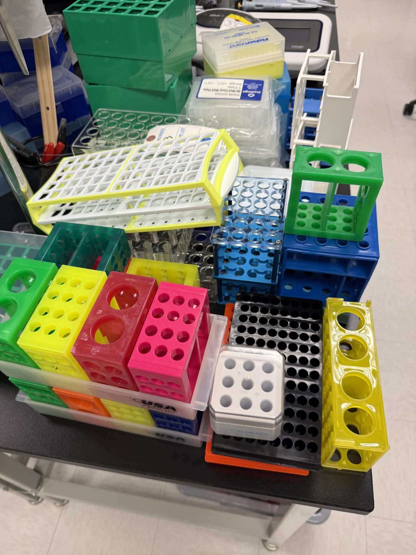 Two Beaker Rack (Lot) Glass Beakers Stock Racks, Pipette Tips, and Spray Bottles