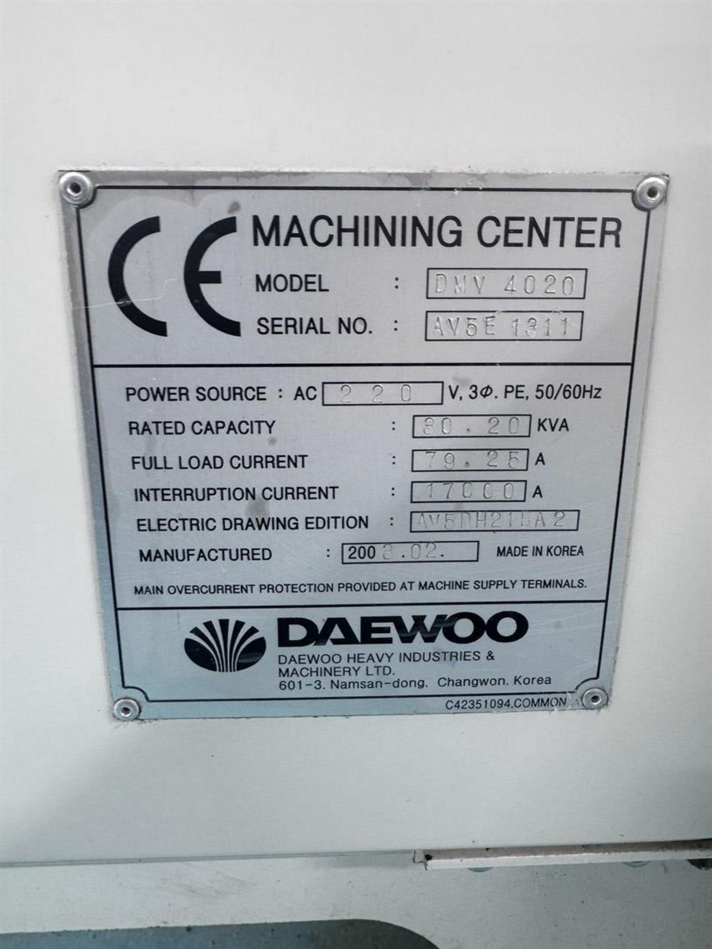 2003 DAEWOO DMV4020 4-Axis Vertical Machining Center, s/n AV5E1311, w/ Fanuc 21i-M Control, 19-3/ - Image 8 of 8