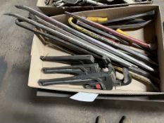Lot Comprising of 18" and 14" HUSKY Pipe Wrenches, Assorted Pry Bars