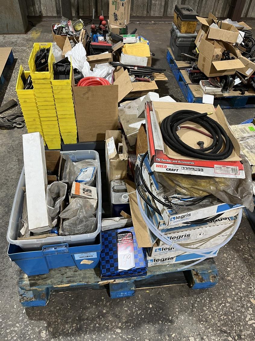 Lot Comprising of Plastic Storage Bins, TIG Torch and Accessories, Tubing, Hose and Spray Bottles