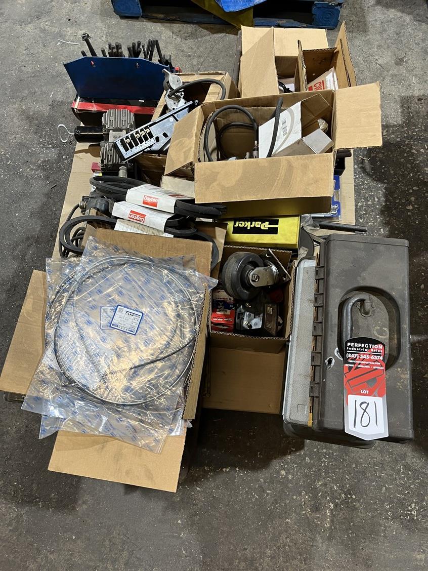 Lot Comprising Belts, Casters, Clamping Tools, Electric Motor, Grease Gun, And Hand Held Tool Boxes