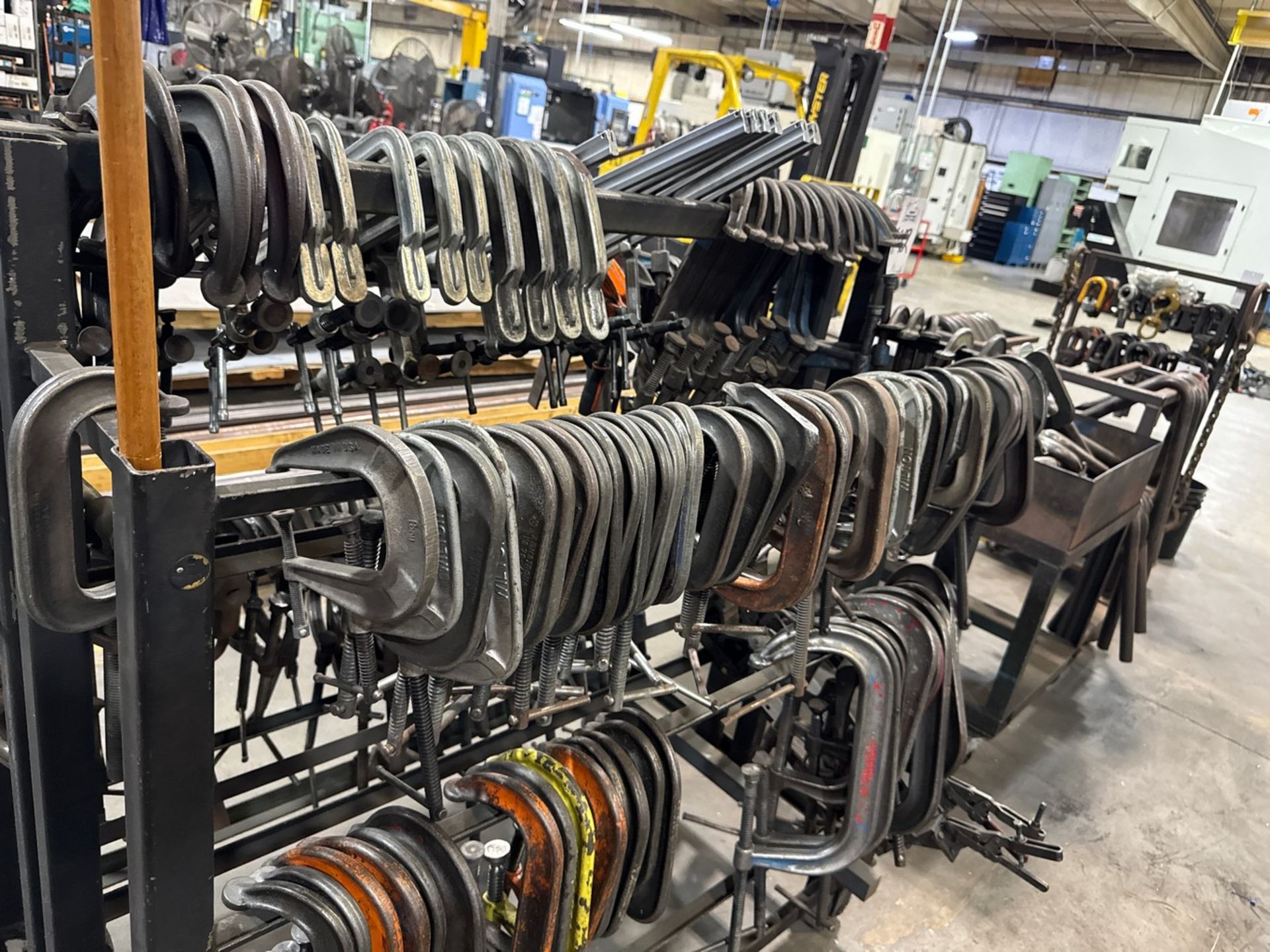 Clps Rack Lot of Assorted Size C-Clamps With Storage Rack