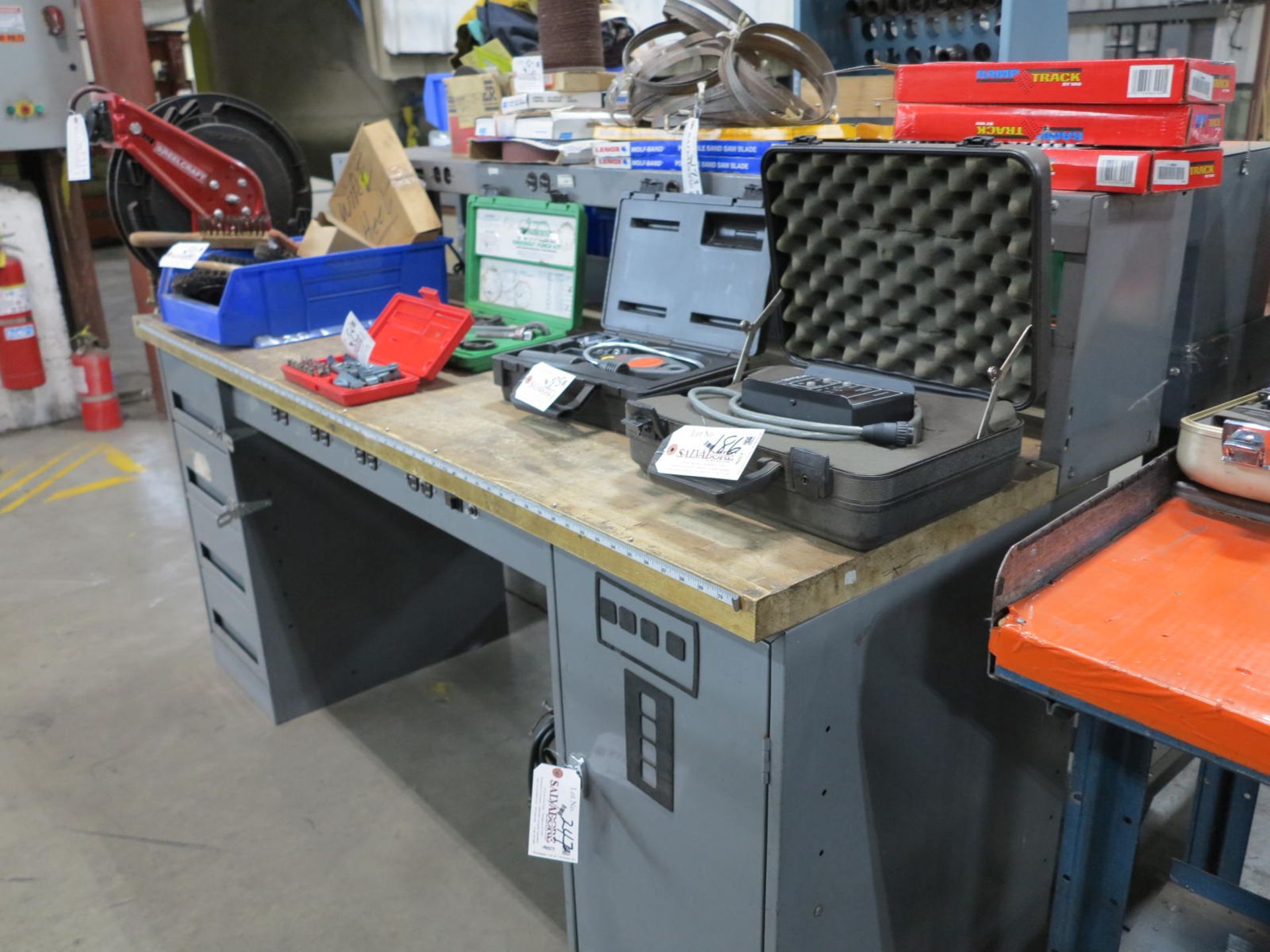 Bench Top Riser Post 6' Bench, Oak Top, Steel Riser with Storage and Power Bar