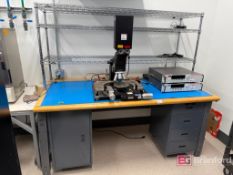 Six foot Uline Work Bench; w/ side cabinets. w/ Meto Shelf