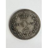 1849 SILVER MAUNDY 2 PENCE COIN. Tiny early Victorian coin in Very Fine condition.
