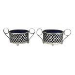 A Pair of Antique Sterling Silver Open Salt Cellars with Cobalt Blue Glass Liners. each with a