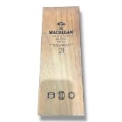 Macallan 21 Wooden Presentation Box – hinged lid with interior bottle cradle, approx. 33 × 19.7 ×