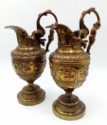A SUPERB PAIR OF FRENCH ANTIQUE BRONZE JUGS - WELL CAST AND DETAILED. 21CM TALL.