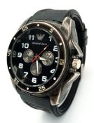 AN EMPORIO ARMANI, BLACK RUBBER STRAP WATCH. IN FULL WORKING ORDER. NEW BATTERY FITTED RECENTLY. S/A