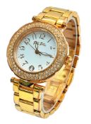 A FOLLI FOLLIE ( PART OF LINKS OF LONDON GROUP ), GOLD TONE, STONE SET BEZEL, BRACELET WATCH, WITH