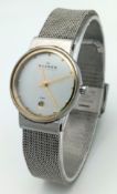 A SKAGEN OF DENMARK, STEEL MESH BRACELET WATCH. IN FULL WORKING ORDER. NEW BATTERY FITTED
