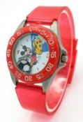 A DISNEY STORE, MICKY MOUSE PLAYING FOOTBALL, RED STRAP WATCH. THE FOOTBALL IS THE SECONDS HAND.