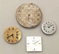 A SELECTION OF 4, SWISS MANUAL WIND MOVEMENTS WITH DIALS. BRANDS TO INCLUDE, BUECHE GIROD, RECORD DE