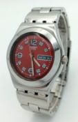 A SWATCH, CIEL ROUGE, IRONY STEEL BRACELET WATCH. DAY DATE FUNCTION. CIRCA 2003. IN FULL WORKING