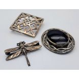 Three Different Style Sterling Silver Brooches. Openwork, onyx and dragonfly. All 3-3.5cm. 23.3g