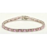 A Pretty Sterling Silver and Pink Tourmaline Set Tennis Bracelet-19.5cm Length. Set with Twenty-Four