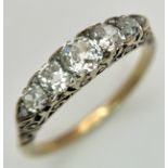 An Antique Victorian 18K Gold (tests as) Five Stone Diamond Ring. Scroll gallery with five Old
