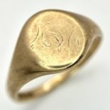 A VINTAGE GENTS SIGNET RING IN 9K GOLD WITH THE INITIAL "D" INSCRIBED . 6.6gms size Z