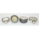 Four Different Style Silver Rings. 2 x N, 1 x J, 1 x P. 20.3g total weight.