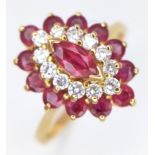 A BEAUTIFUL DIAMOND AND RUBY RING SET IN 18K GOLD . 4gms size O