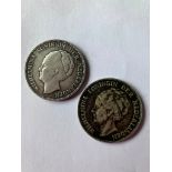 2 x SILVER consecutive ( 1923 & 1924) DUTCH 1 GUILDER COINS. Extra Fine condition. These coins are