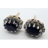 A Beautiful Pair of 9k Yellow Gold Blue Sapphire and Diamond Stud Earrings. 9 x 6mm. The Earrings