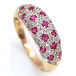 A 9K YELLOW GOLD, DIAMOND AND RUBY RING. 0.19CTW. 3.1G, SIZE O. SC 5036