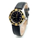 A Breitling J Class Ladies Quartz Watch. Black leather strap. Stainless steel case with gilded