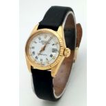 A Rolex 18K Gold Cased Automatic Ladies Datejust Watch. Model 6917. Black leather strap. 18k gold