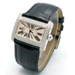 A Cartier Tank Divan Diamond Quartz Ladies Watch. Model 2599. Black leather strap. Stainless steel