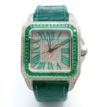 A Cartier Santos 100 Diamond and Emerald 'Hulk' Automatic Gents Watch in Cartier box. Green