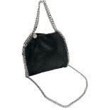 A Black Stella McCartney Falabella Mini Tote Bag. Black faux leather exterior with silver-tone