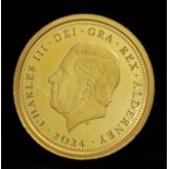 A 2024, KING CHARLES III, SIR WINSTON CHURCHILL, COMMEMORATIVE, HALF SOVEREIGN COIN. 22K GOLD.