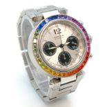 A Pasha de Cartier Multi-Gemstone Automatic Chronograph Ladies Watch. Stainless steel bracelet and