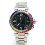 A Pasha de Cartier Multi-Gemstone Automatic Ladies Watch. Stainless steel bracelet and case -