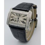 A Cartier Tank Divan Diamond Quartz Ladies Watch. Model 2600. Black leather strap. Stainless steel