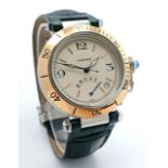 A Pasha de Cartier Automatic Gents Watch. Black leather Cartier strap with fold-over clasp.