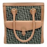 A Christian Dior Oblique Canvas Tote Bag. Green Dior Oblique monogram canvas exterior with tan